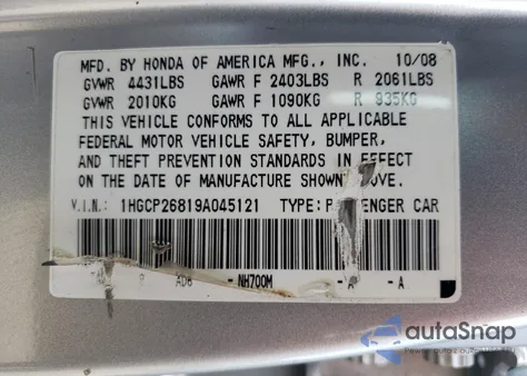 2009 Honda Accord Exl from USA, damaged, VIN 1HGCP26819A045121